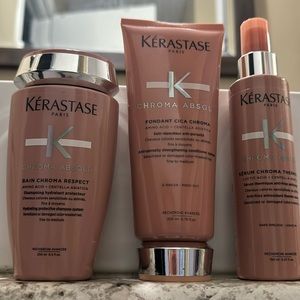 Kerastase chroma absolu shampoo, conditioner, and thermique.